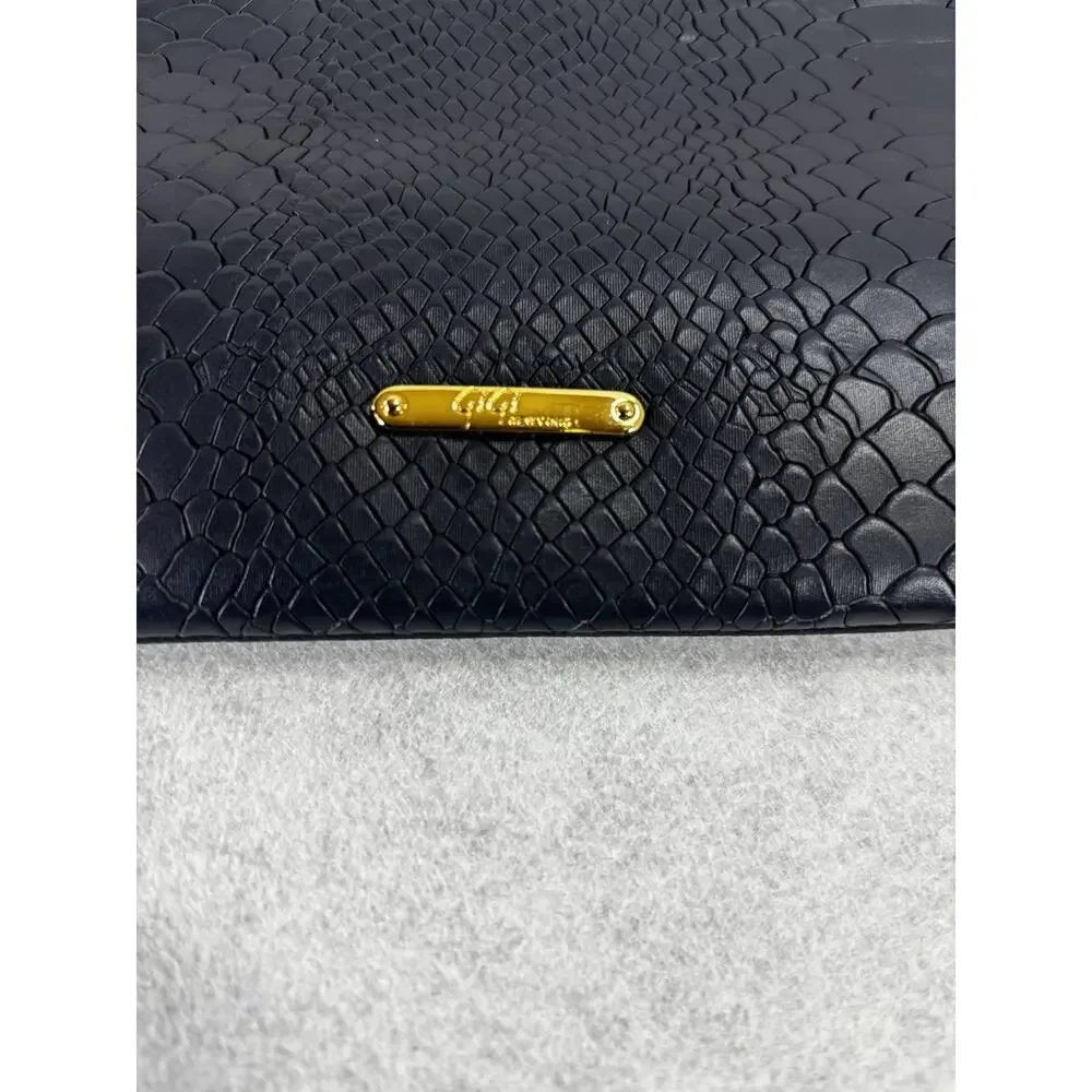 GiGi New York Navy Blue Foldover Clutch Vegan Leather Snake Print Zipper NoStrap - Picture 3 of 11